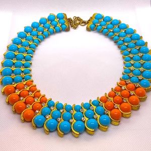 Southwestern Bib Necklace Faux Turquoise Coral Beads Rhinestone Statement Collar